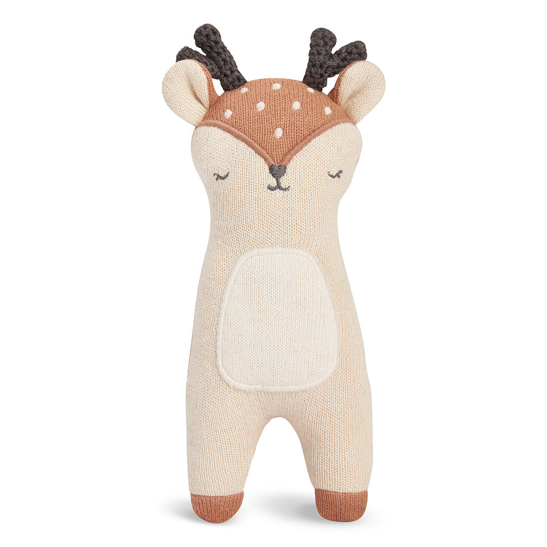 Soft small brown knit deer soft toy, perfect for little hands to grip