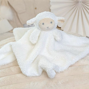 White and Cream plush lamb baby comforter toy with a soft boucle texture.