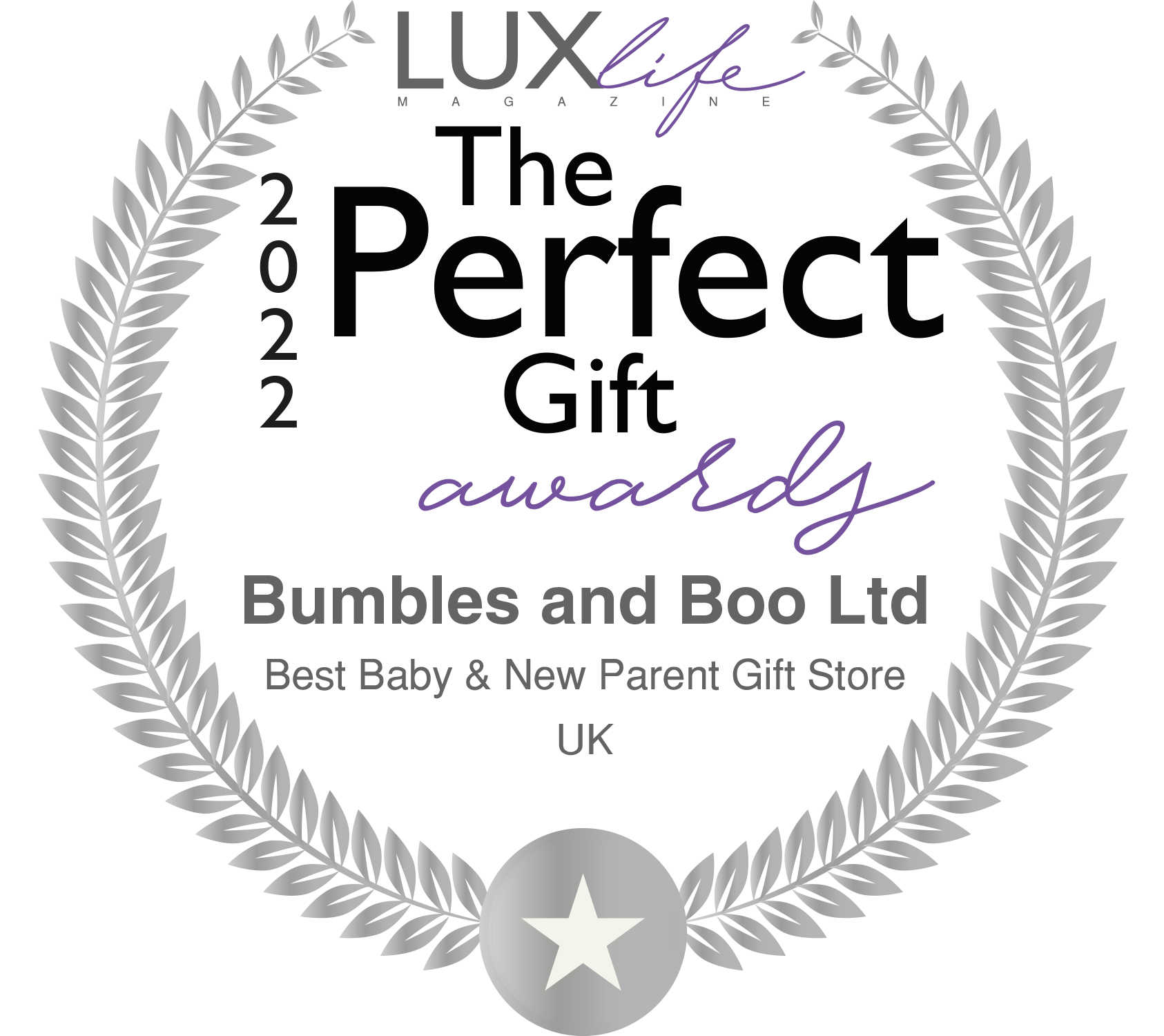 Award for Bumbles and Boo Ltd as the Best Baby & New Parent Gift Store UK 2022, from Lux Life Magazine.