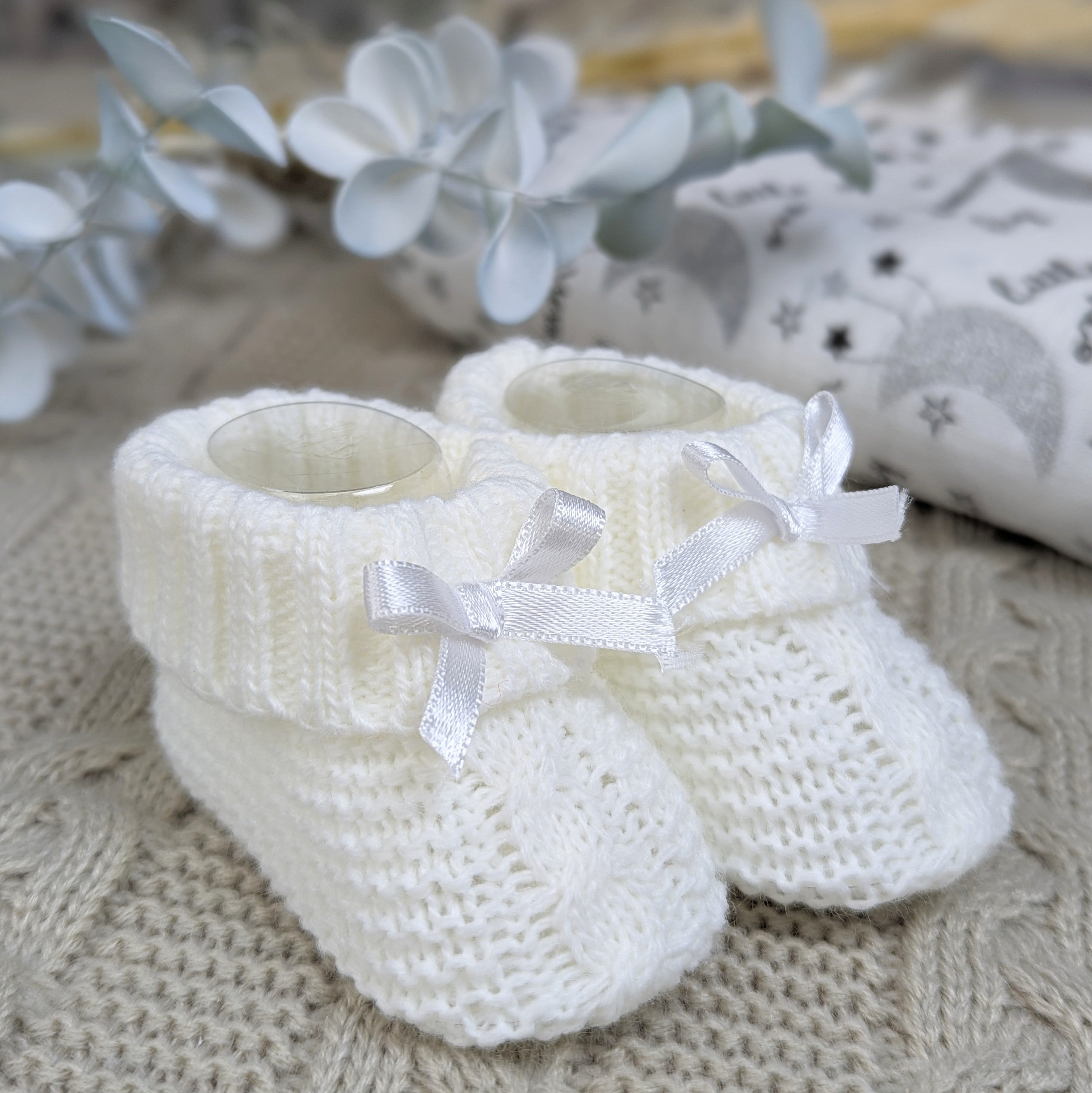 White Knit Baby Booties with Bow