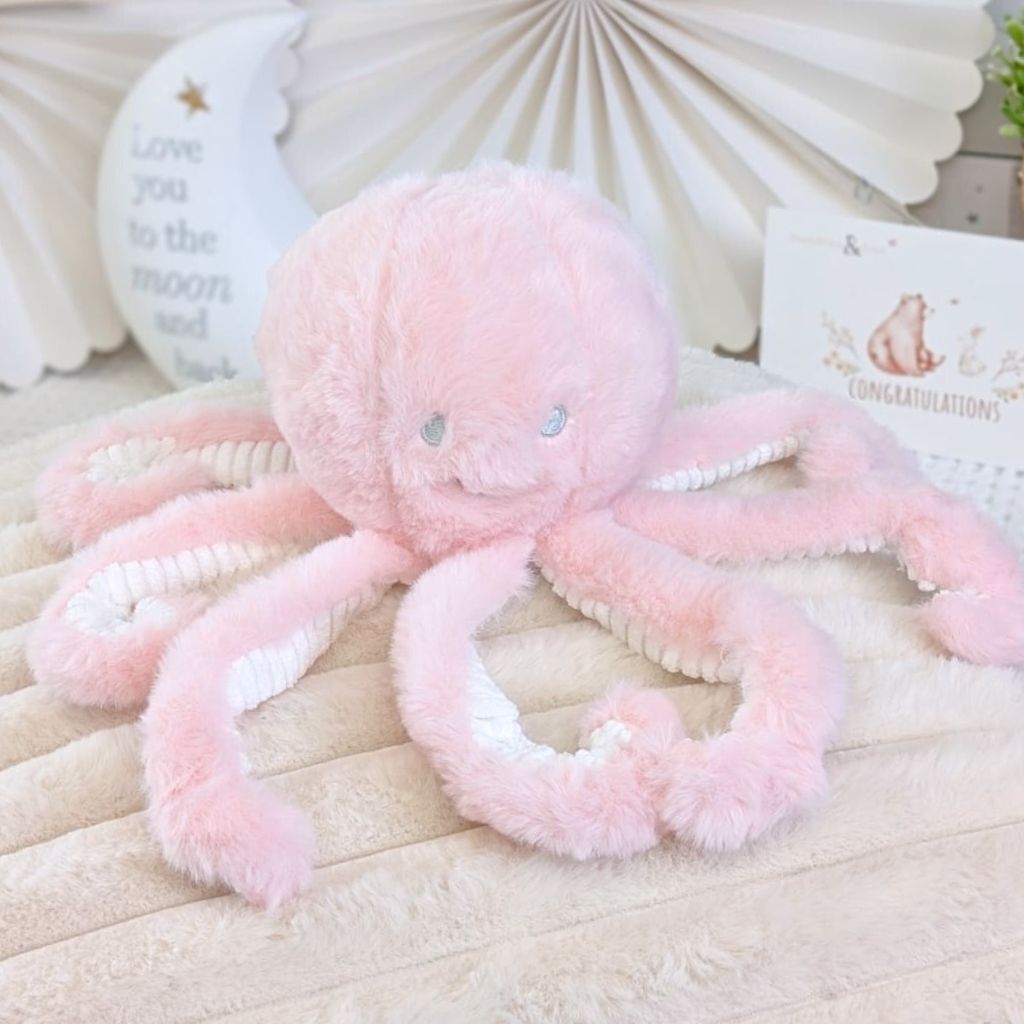 Pink plush octopus eco friendly soft toy. Suitable from birth. 