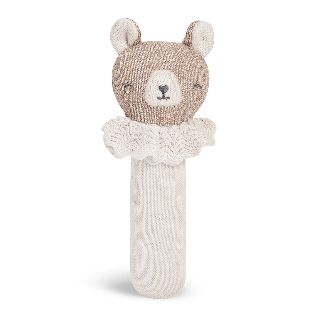 Soft knit cream hand rattle with a brown bears head