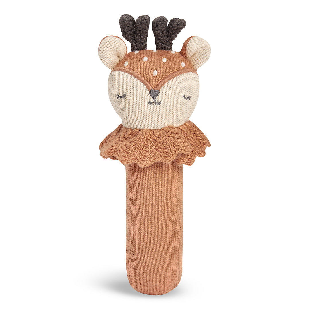 Soft knit light brown stick rattle with a cute deers head