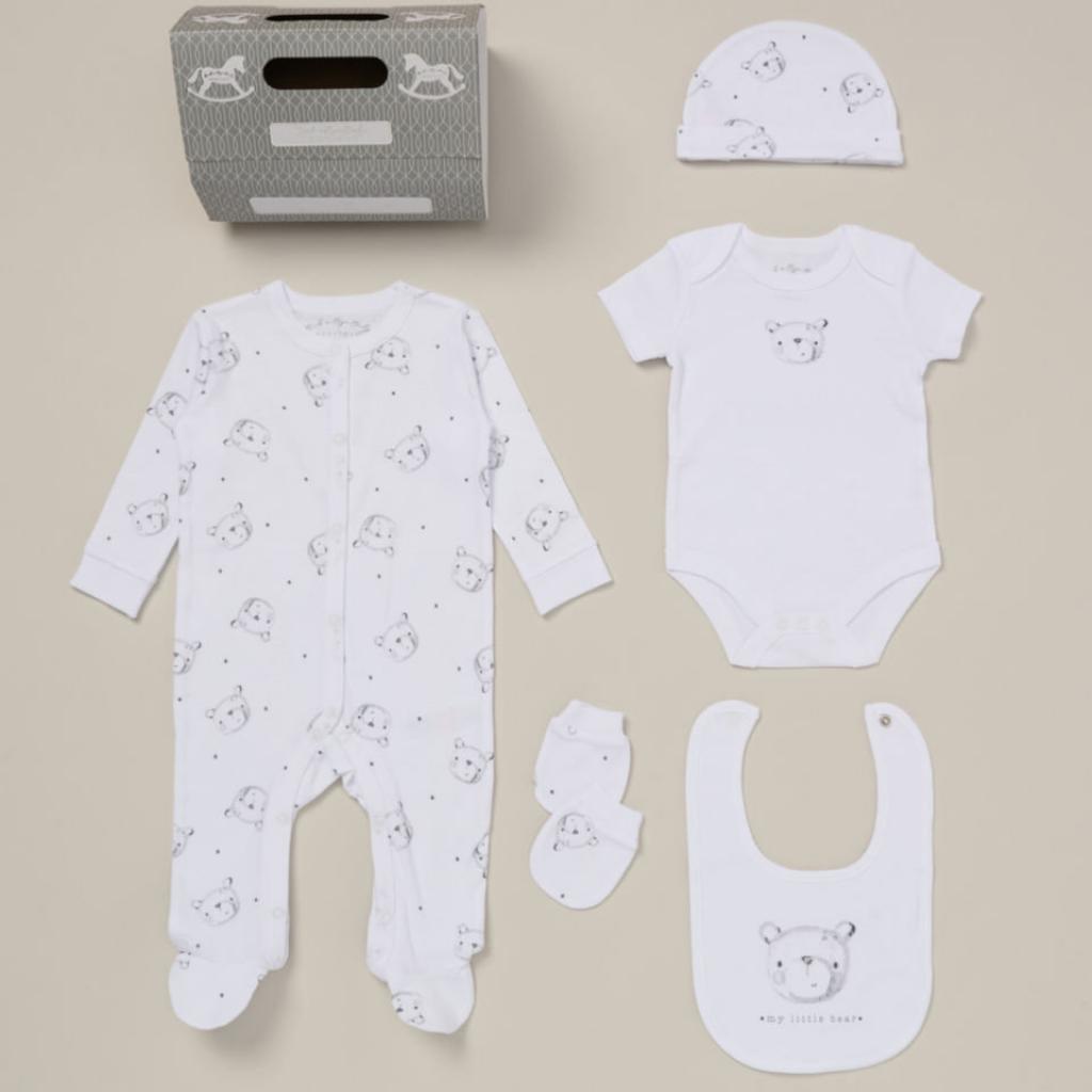 white and grey newborn clothing set