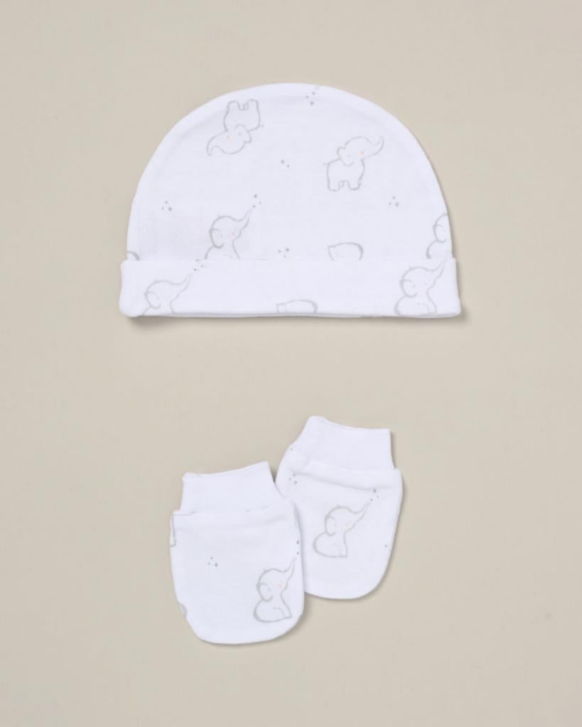 baby hat and mittens in white with elephant dsign