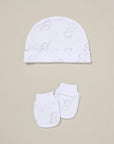 baby hat and mittens in white with elephant dsign