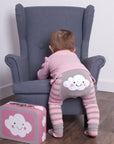 A cute pair of knitted trouser leggings in grey and pink with a cute cloud on the bum.