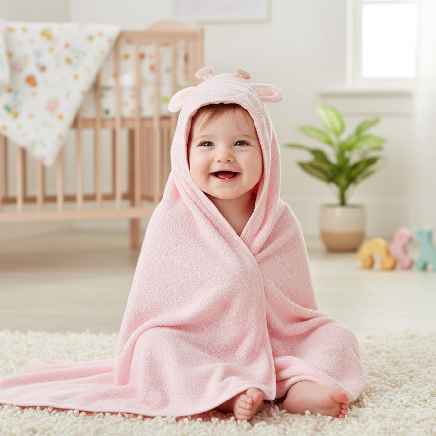 Soft cotton texture detail on pink baby hooded towel designed for delicate newborn skin