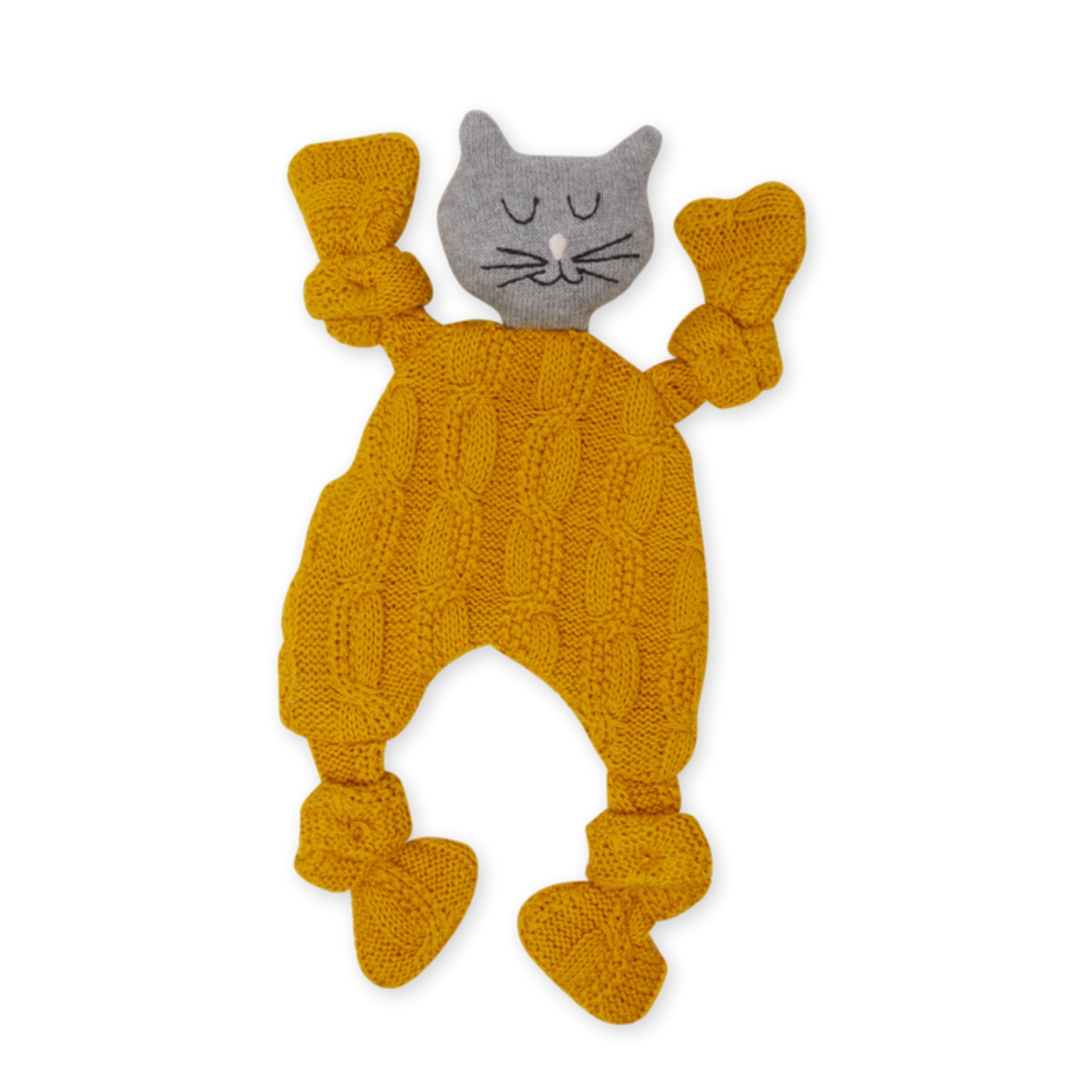 A deep yellow soft knitted comforter toy with a cat head design