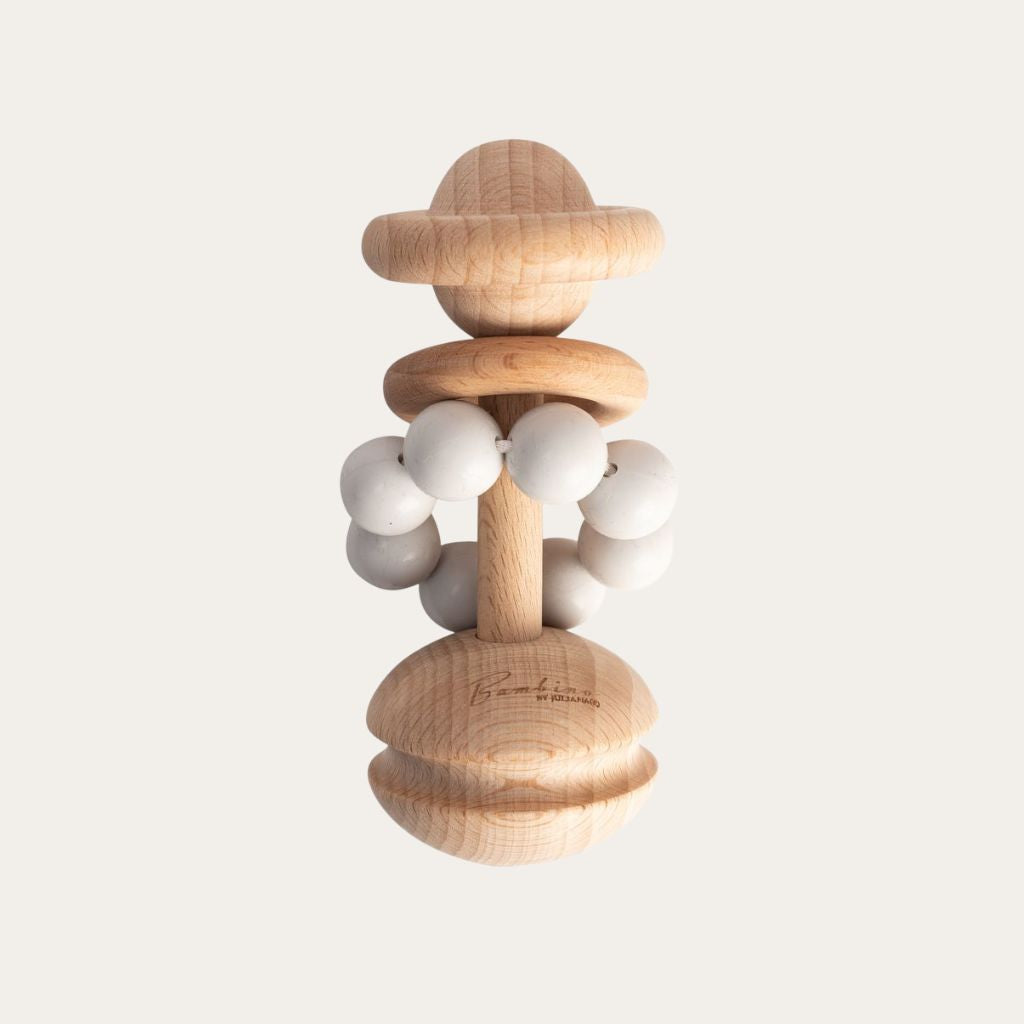 Bambino Wooden and Silicone Rattle Teething  BabyToy Grey Teether.
