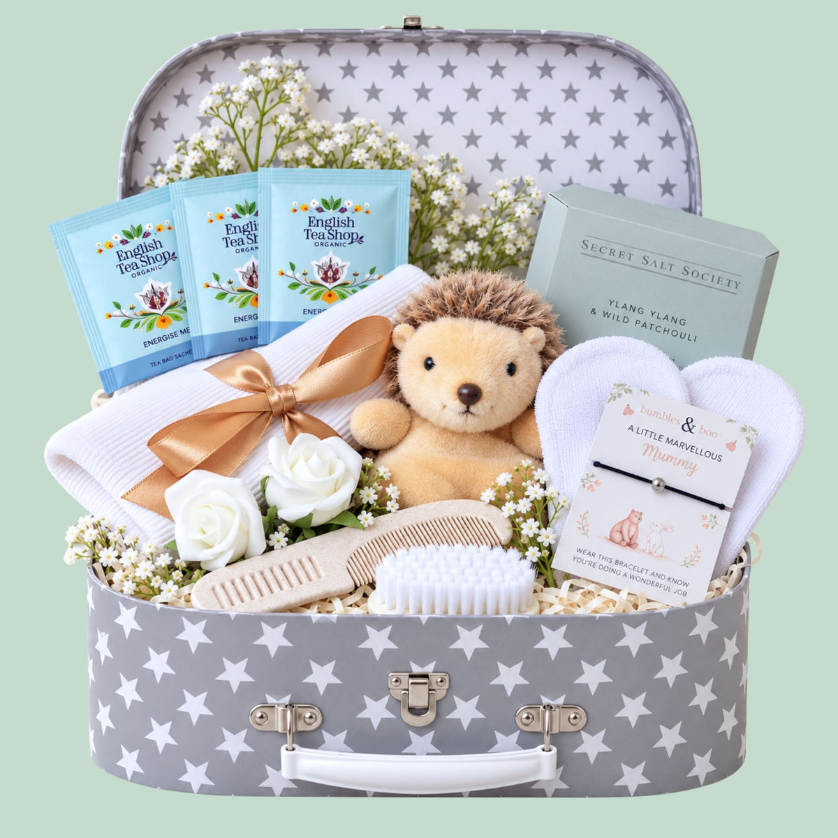 Baby Shower gifts box with hedgehog theme, presents for mum and gifts for baby. Bumbles and Boo.