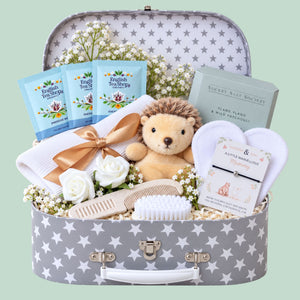 Baby Shower gifts box with hedgehog theme, presents for mum and gifts for baby. Bumbles and Boo.