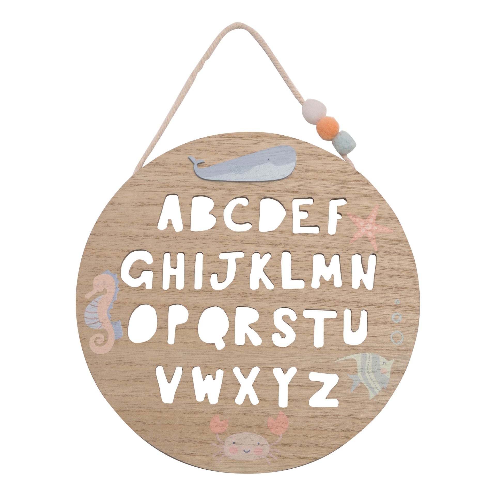 This adorable wall decoration is handmade from wood and features all 26 letters, as well as illustrations of ocean creatures. Perfect for display in a nursery, playroom or kids bedroom