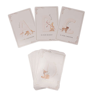 Aardvark, bunny and cheetah alphabet cards above a stack topped with the deer card.