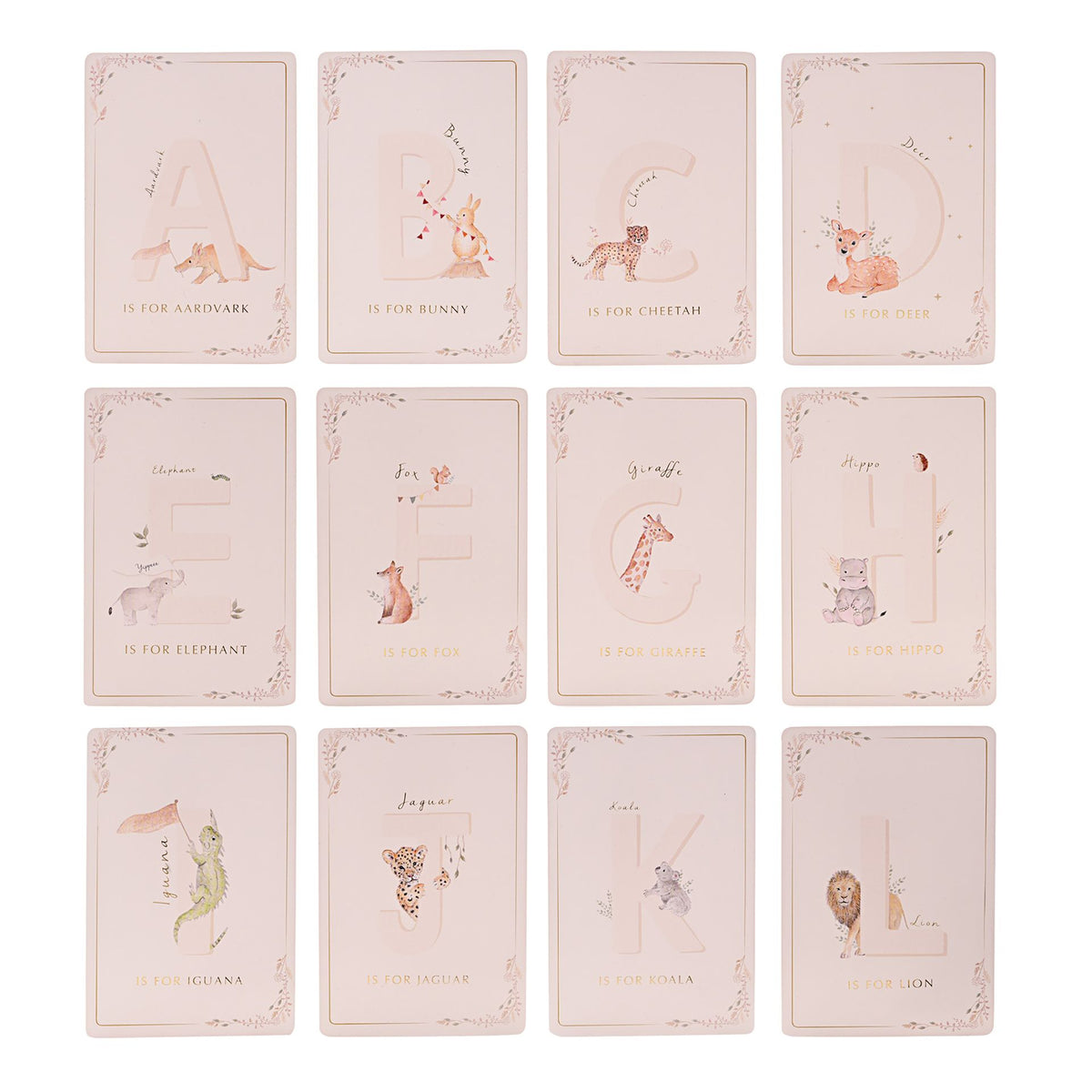 Alphabet cards A to L arranged in a grid, each with an animal illustration.