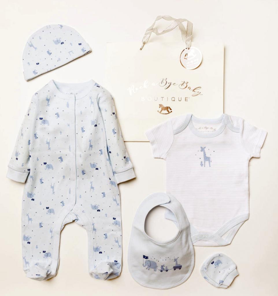Baby Boy 5 piece Clothing Gift Set featuring various animals including elephants and giraffes  Base colour of white with blue animal print
