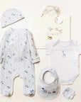 Baby Boy 5 piece Clothing Gift Set featuring various animals including elephants and giraffes  Base colour of white with blue animal print