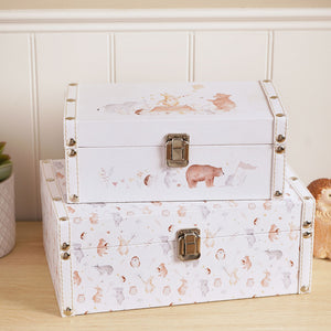 Two illustrated animal keepsake boxes stacked on a wooden nursery surface, showing their front clasps.