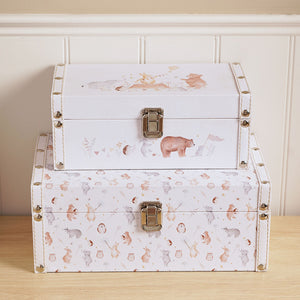 Front view of the stacked storage boxes with animal artwork and reinforced corner details.