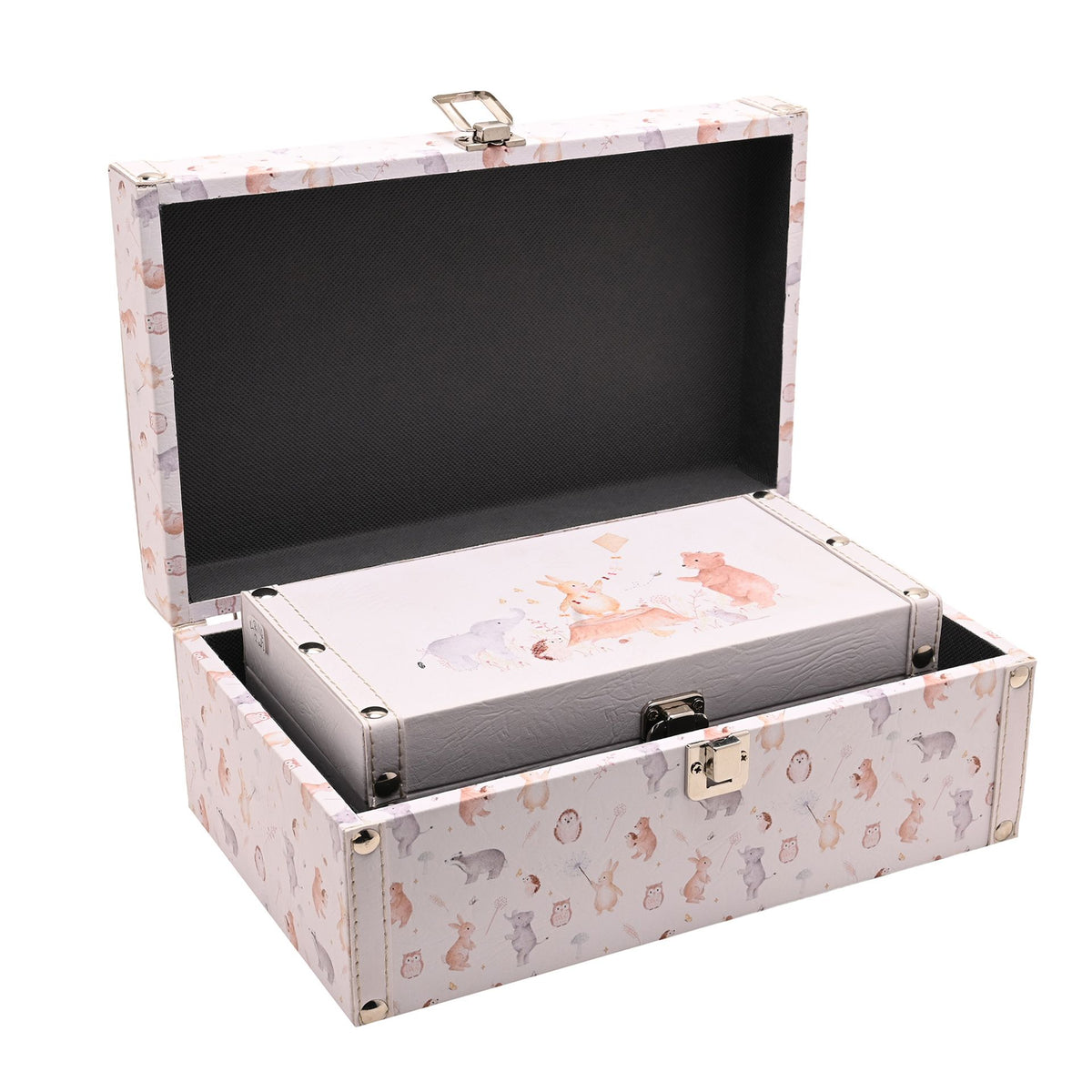 Larger keepsake box open with the smaller illustrated box nested inside its dark interior.