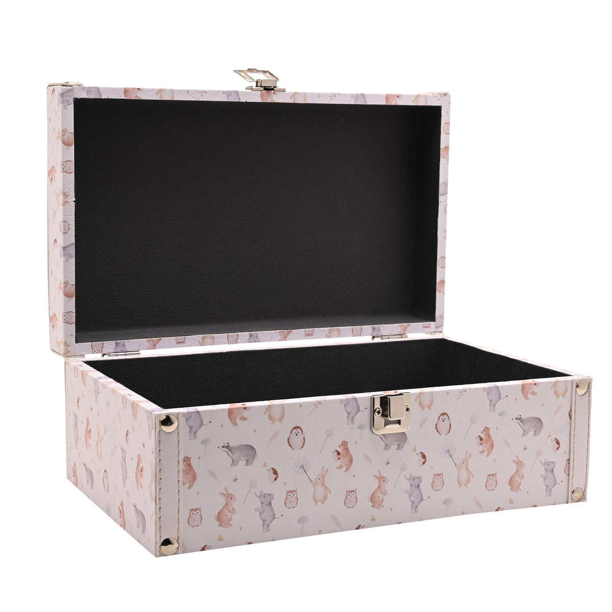 Open rectangular animal storage box shown alone with its clasp and dark lining visible.