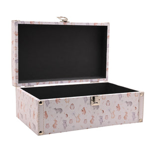 Open rectangular animal storage box shown alone with its clasp and dark lining visible.