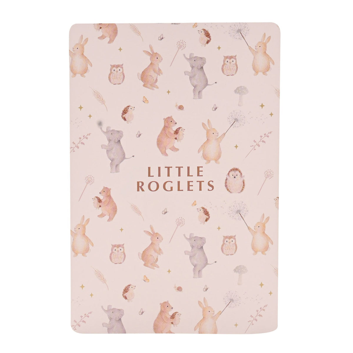 Reverse of a number card decorated with softly coloured animals and Little Roglets lettering.