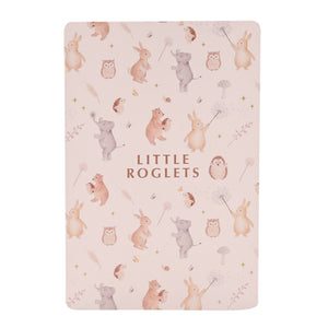 Reverse of a number card decorated with softly coloured animals and Little Roglets lettering.