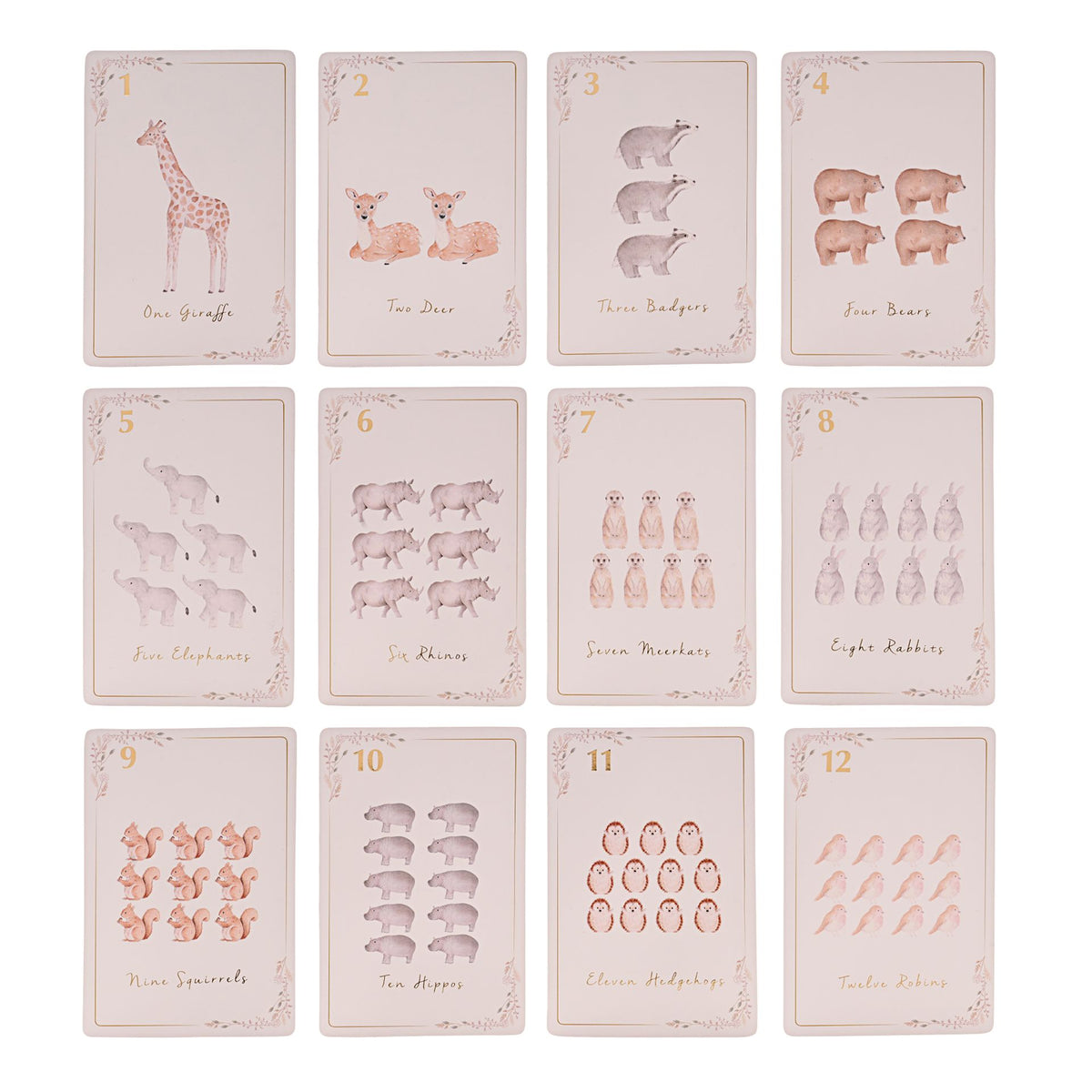 Number learning cards one to twelve arranged in a grid with matching groups of animals.