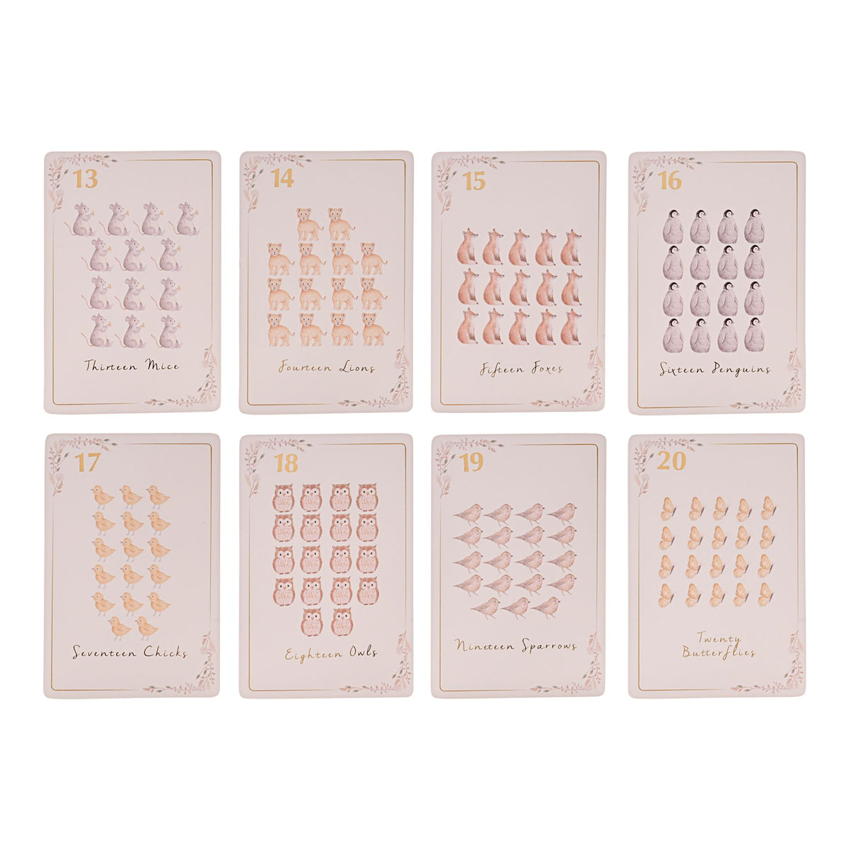Counting cards thirteen to twenty displayed in rows with their corresponding animal groups.