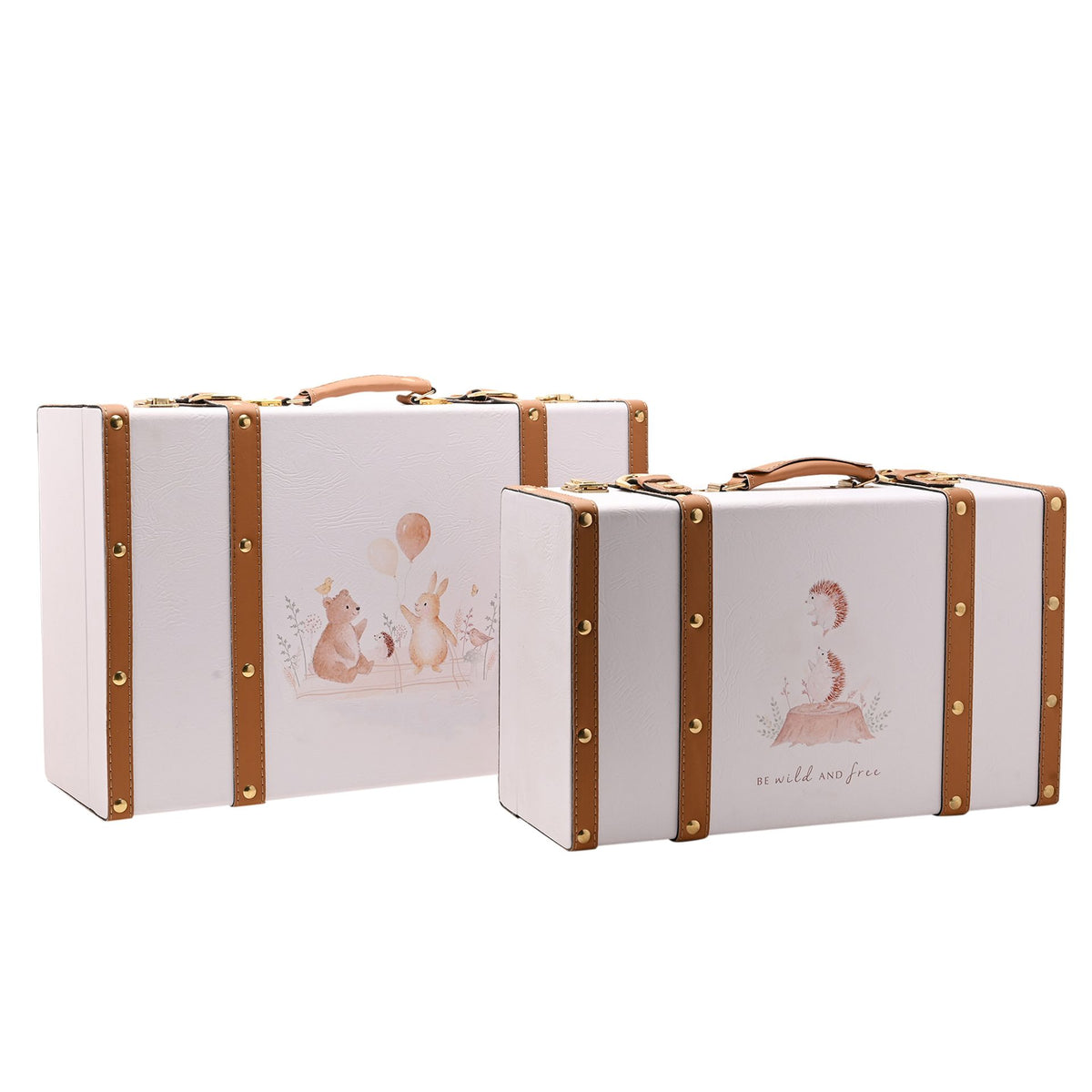 Pair of animal suitcase-style keepsake boxes standing upright, showing their carry handles and illustrated fronts.