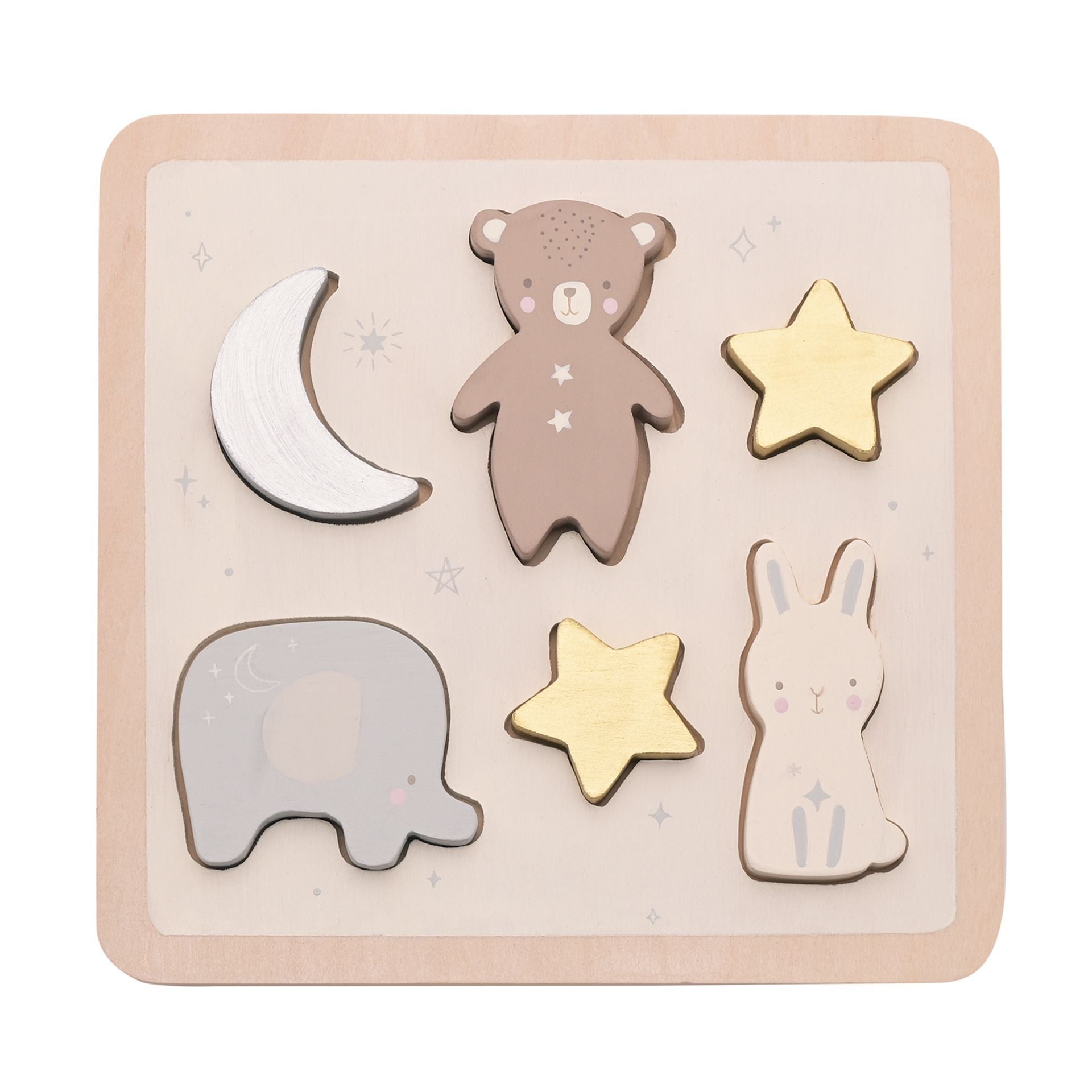 Wooden puzzle with animal and celestial shapes 