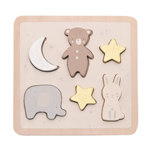 Wooden puzzle with animal and celestial shapes 