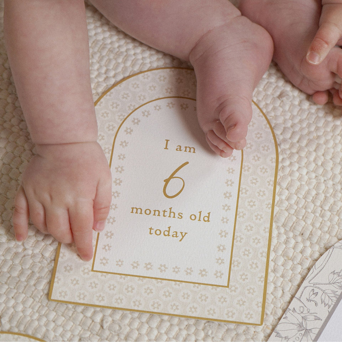 Baby's feet beside a six months old milestone card on a knitted blanket