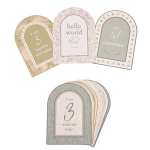 Arched milestone cards showing five months, hello world and first Christmas with a stacked set below
