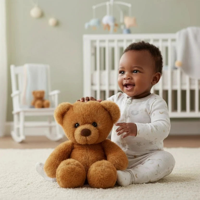 Archie Teddy Bear 10 inch soft toy with dark brown plush fur, dark eyes and button nose. Classic baby teddy bear.