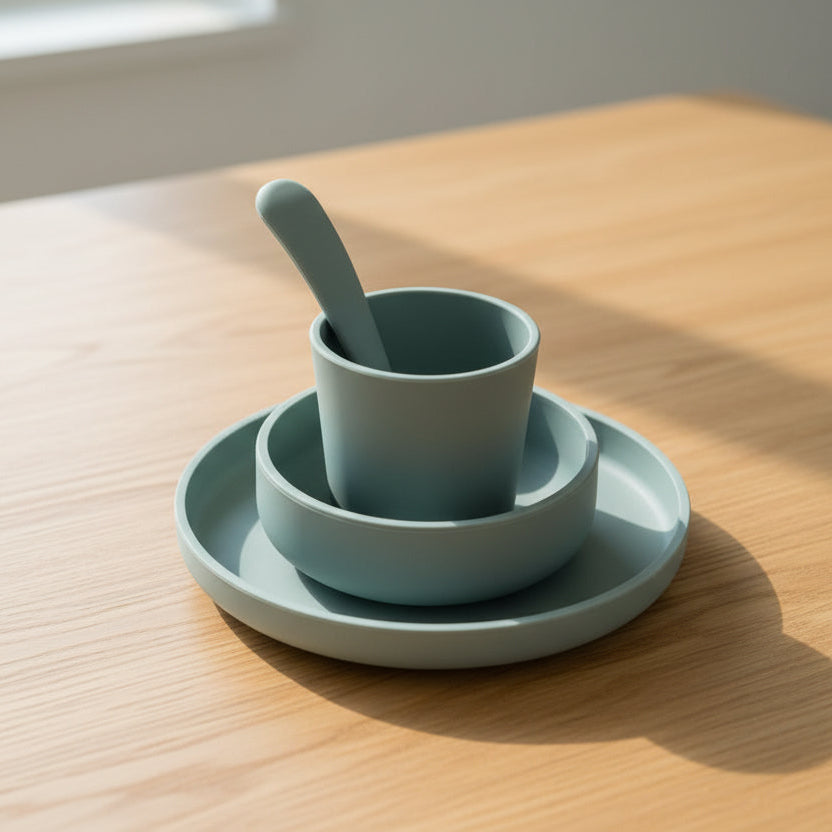 Children’s Silicone Tableware Set  Ash Green Baby Dining Set.