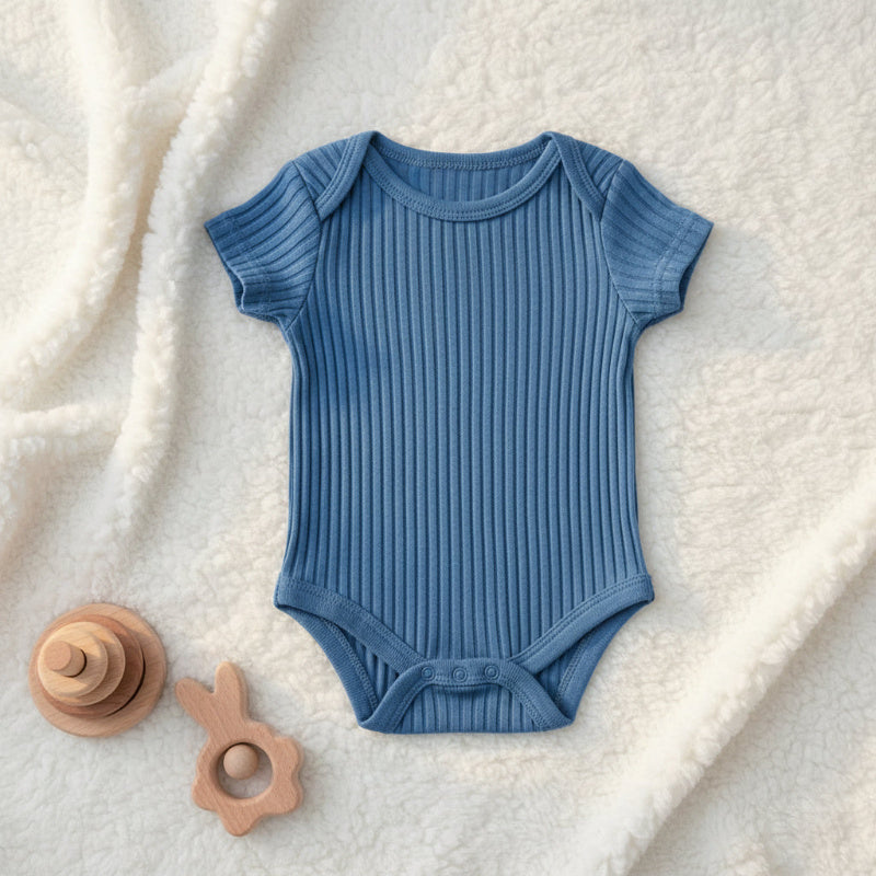 Azure blue ribbed Baby Bodysuit with short sleeves and popper fastening
