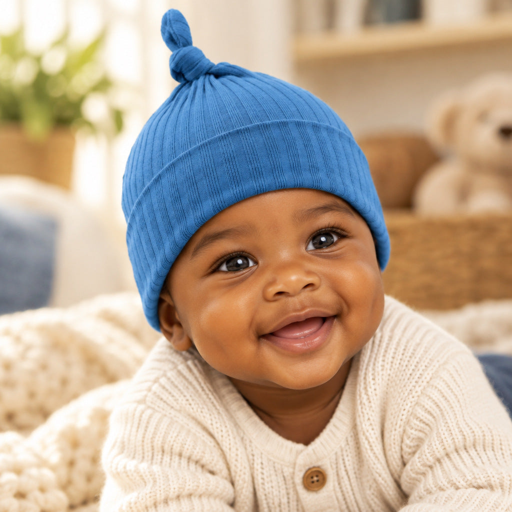 Azure blue ribbed baby hat 0-6 months