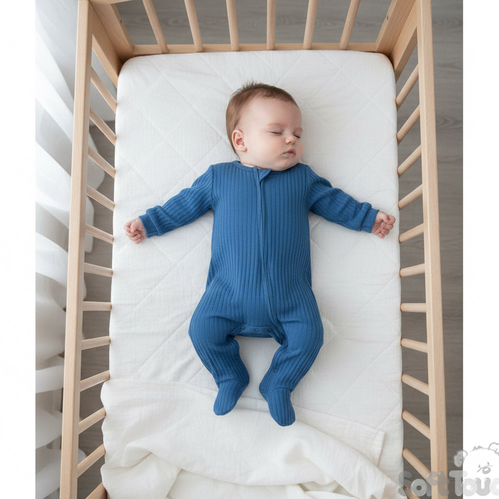 A sleeping baby wearing a blue ribbed zip-front footed sleeper, lying on a blue ribbed blanket against a white background.