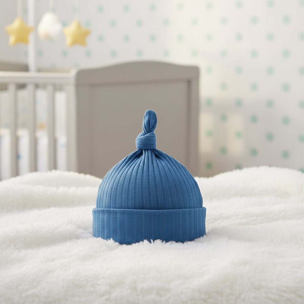 Azure blue ribbed Baby Hat with knotted top