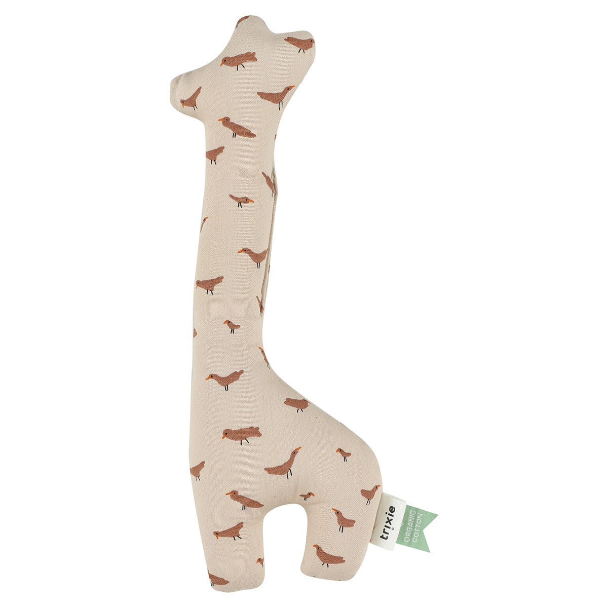 Soft beige giraffe-shaped rattle with brown bird design