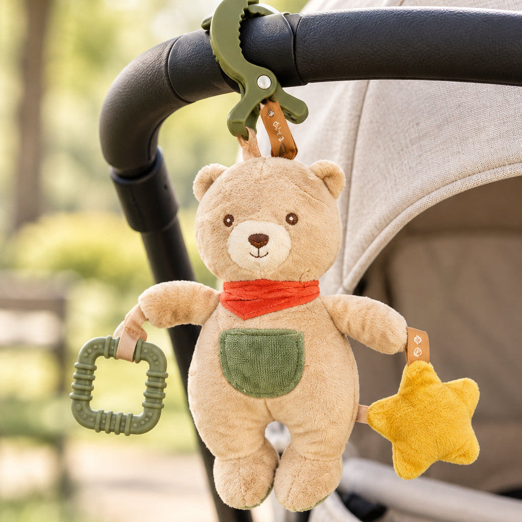 Baby activity bear pram toy with teether and squeaker in taupe and sage green