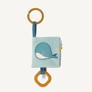 Soft ocean themed baby activity book with sensory pages and link to attach to pram or cot