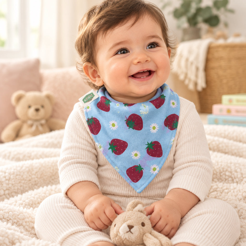 Strawberry and daisy patterned baby bandana bib