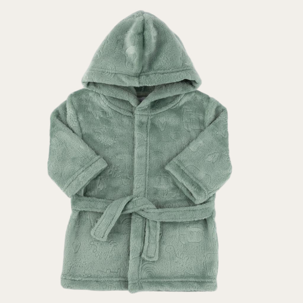 Baby fleece robe in sage green with embossed animals