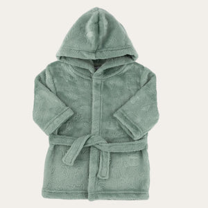 Baby fleece robe in sage green with embossed animals