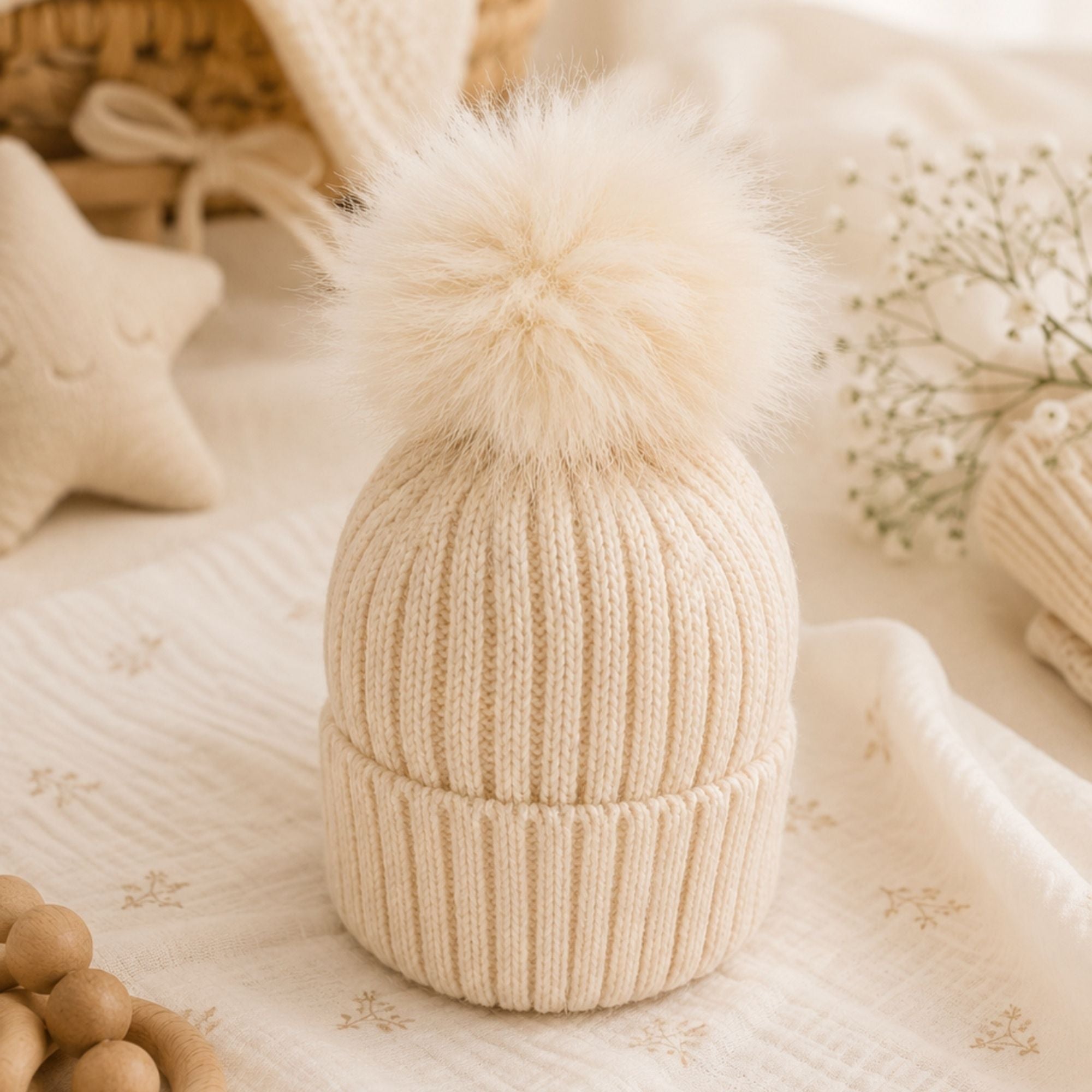 Soft neutral baby hat with sparkly pom pom