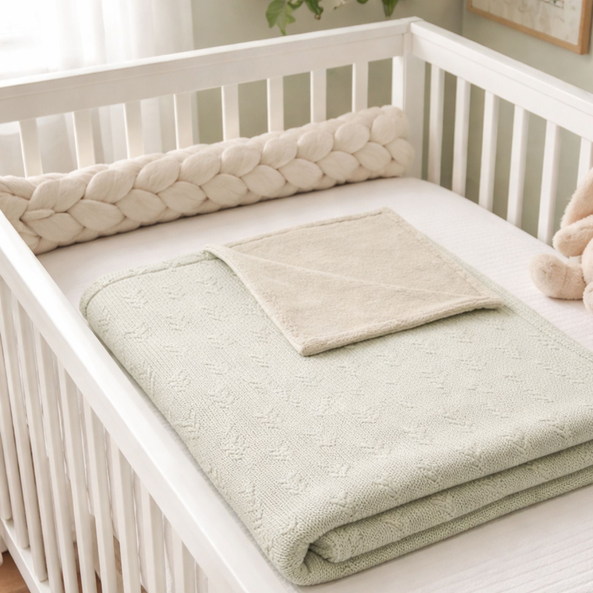 An olive baby blanket in a large size perfect for a baby cot or in a baby nursery