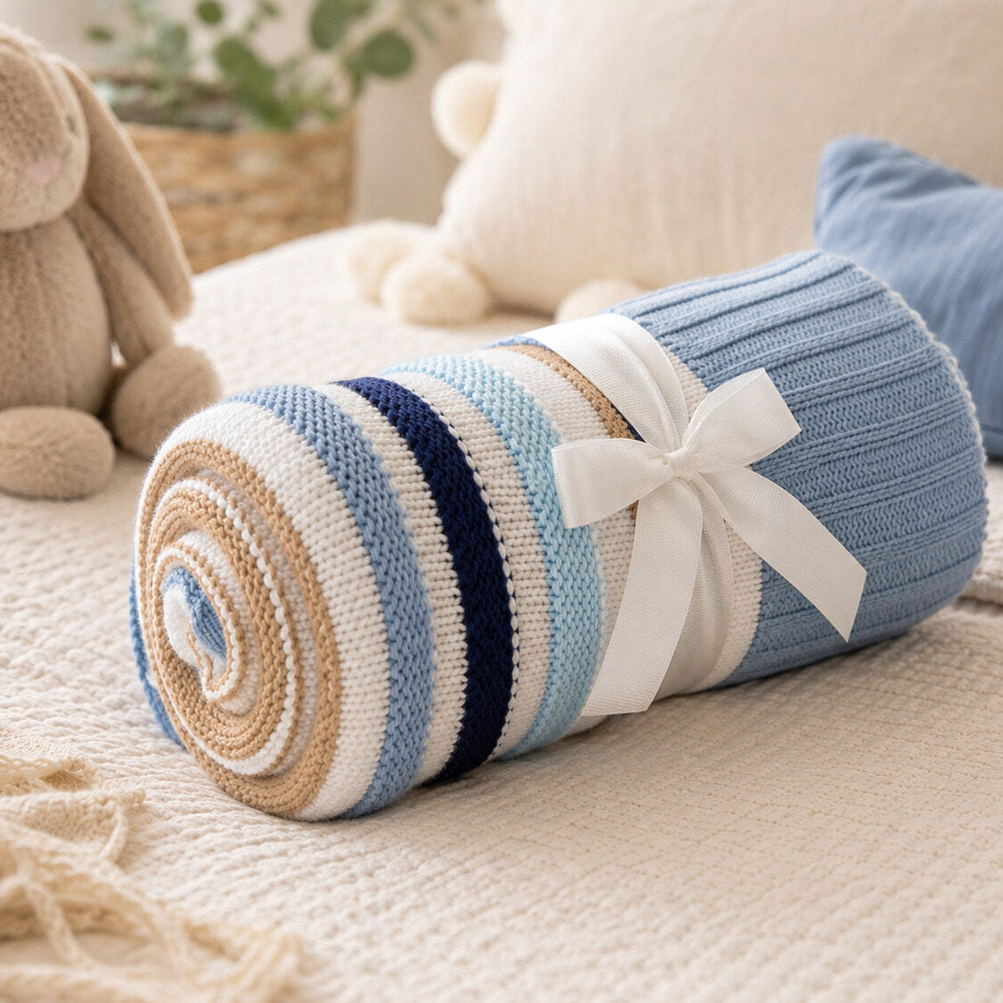 A rolled knit baby blanket with horizontal stripes in light blue, navy, beige, and white, tied with a white ribbon bow